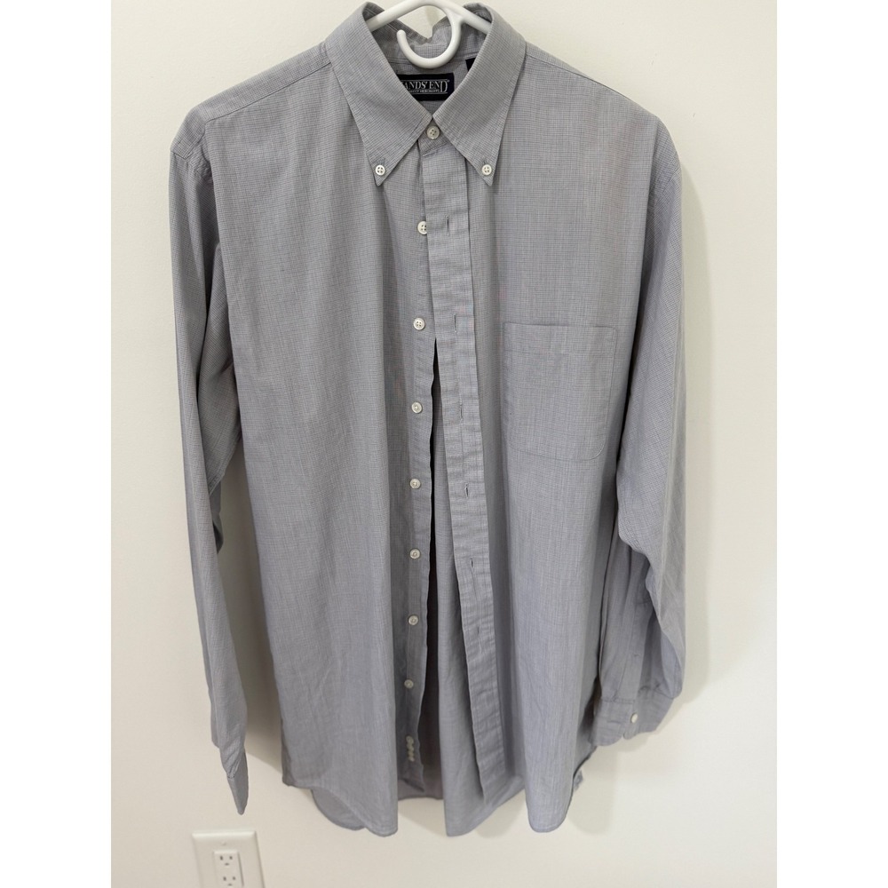 Lands' End Men's Button-Down Dress Shirt Gray/White 15½-36 Cotton Micro-Check